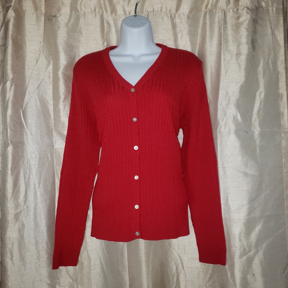 Caribbean Joe red cable knit button down cardigan sweater Womens Large - Picture 5 of 7